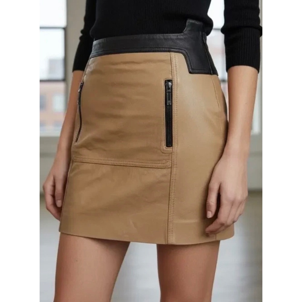 NWT Stella & Jamie Galo Genuine Leather Mini Skirt Black Camel Moto Designer L